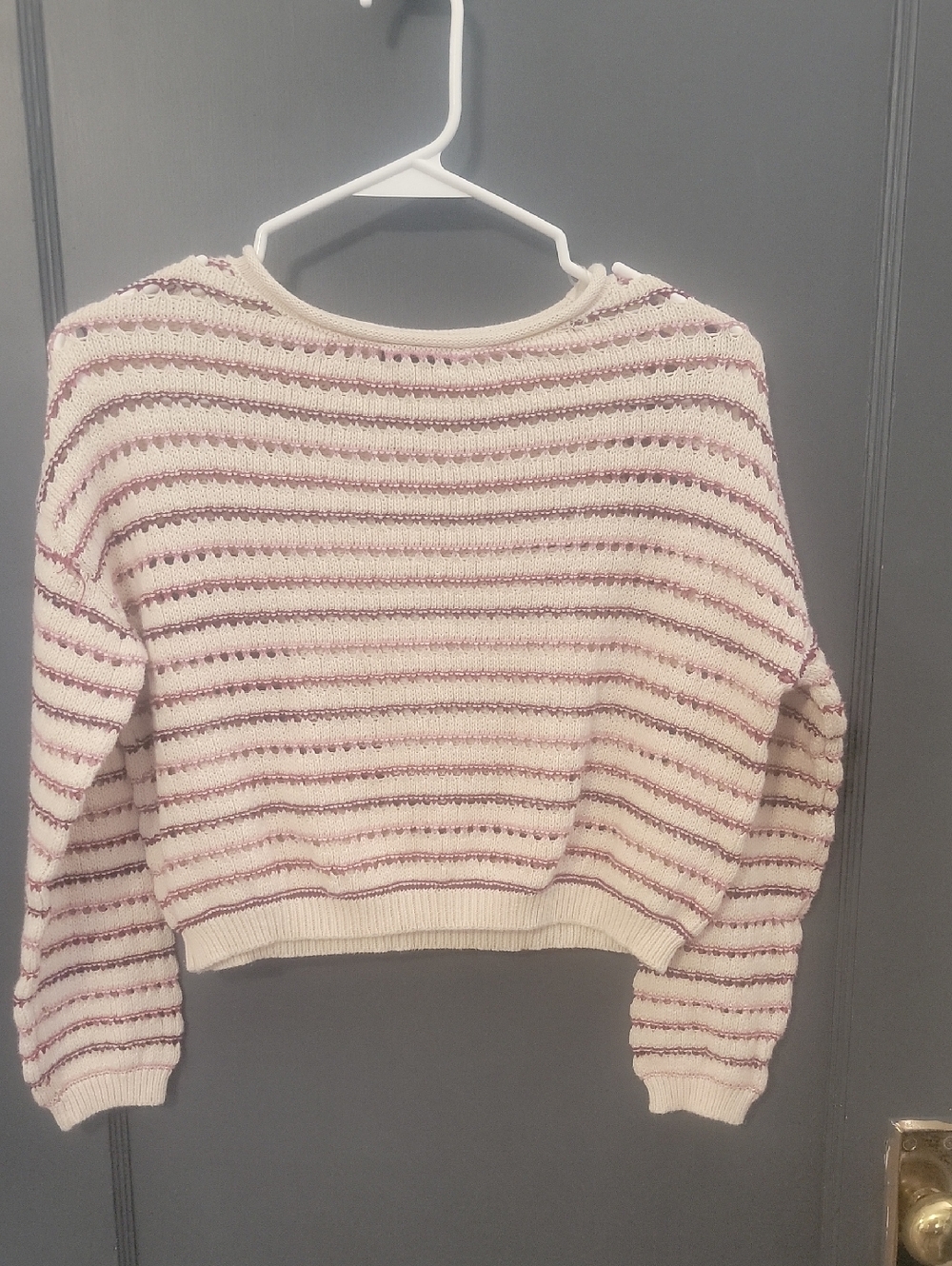 Aqua Blu Cream Cropped Sweater with Mauve Stripes